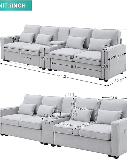 114.2" Linen Upholstered Sofa with Consoleand 2 USB Ports Wired or Wirelessly Charged,Modern 4-Seat Couches W/ 4 Pillows and Two Cupholders,for Living Room,Apartment, Gray, Light Grey - LeafyLoom