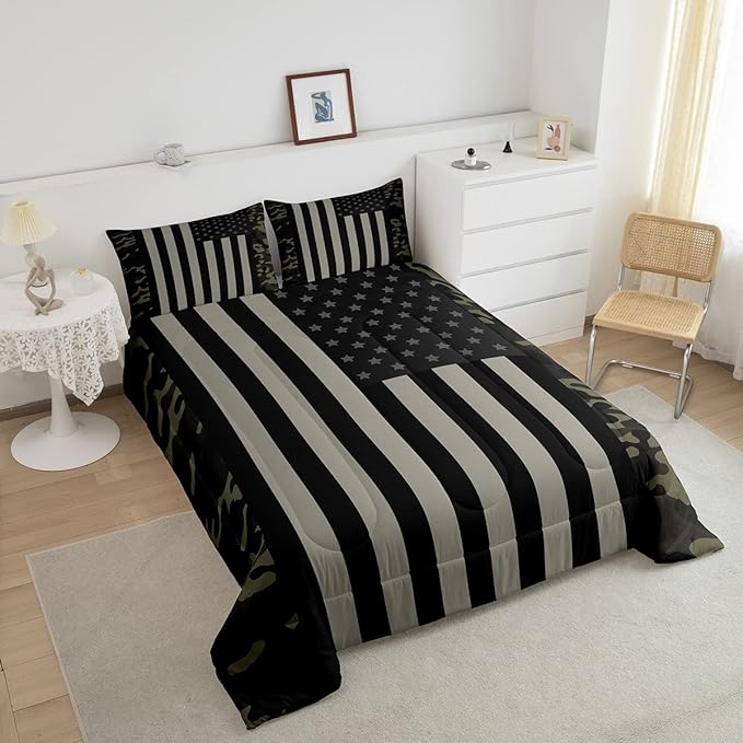 American Flag Comforter Set Queen Military Camo Down Comforter,Retro Army Green Camouflage USA Flag Bedding Set For Kids Boys Teens Men Bedroom,Black Grey Stars Stripes Quilt Duvet Set 2 Pillow Cases - LeafyLoom