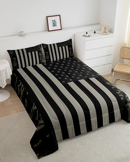 American Flag Comforter Set Full Military Camo Down Comforter,Retro Army Green Camouflage USA Flag Bedding Set For Kids Boys Teens Men Bedroom,Black Grey Stars Stripes Quilt Duvet Set 2 Pillow Cases - LeafyLoom