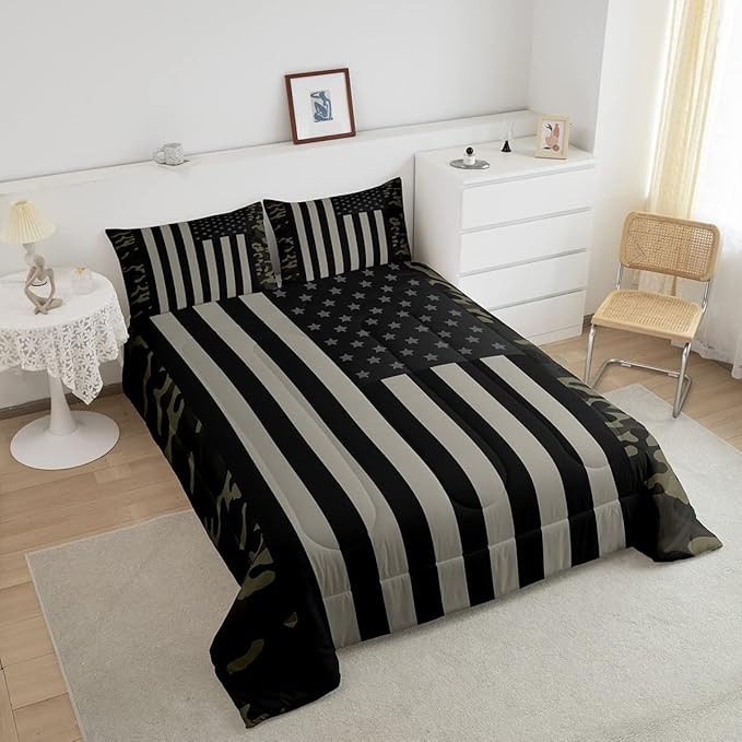 American Flag Comforter Set Full Military Camo Down Comforter,Retro Army Green Camouflage USA Flag Bedding Set For Kids Boys Teens Men Bedroom,Black Grey Stars Stripes Quilt Duvet Set 2 Pillow Cases - LeafyLoom
