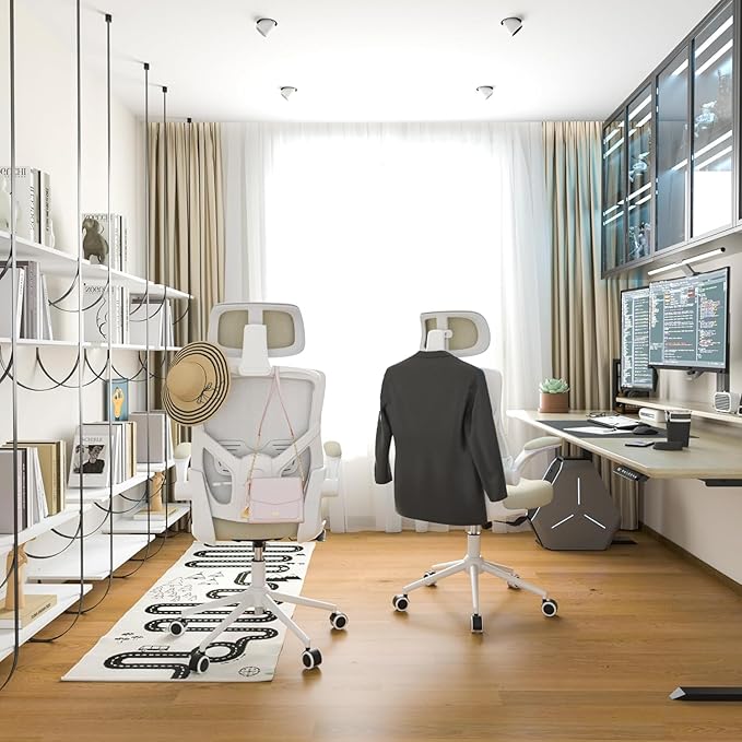 Ergonomic Office Chair, High Back Mesh Desk Chair with Thick Molded Foam Cushion, Coat Hanger, Adjustable Headrest, Lumbar Support, Tilt & Lock Function - Task Computer Chair (Beige) - LeafyLoom