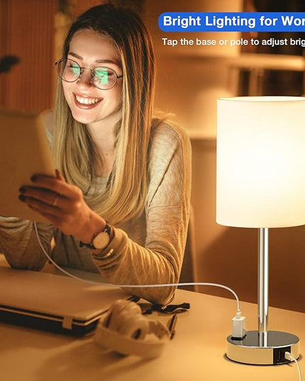 Touch Lamps for Bedrooms Set of 2 White - 3 Way Dimmable Bedside Lamp with USB C and A Ports and Outlets, Modern Nightstand Lamp with Linen Shade and Silver Base, Small Table Lamps for Kids Nursery - LeafyLoom