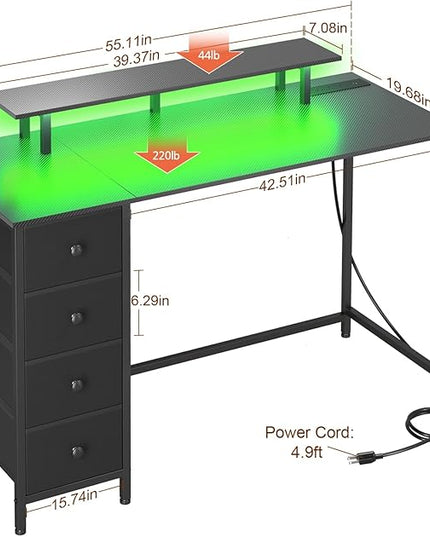 Computer Desk with LED Light & Power Outlets, 55 Inch Gaming Desk with 4 Fabric Drawers, Carbon Fiber Surface Home Office Desk with Monitor Stand with Hooks for Bedroom, HGD14CBK - LeafyLoom