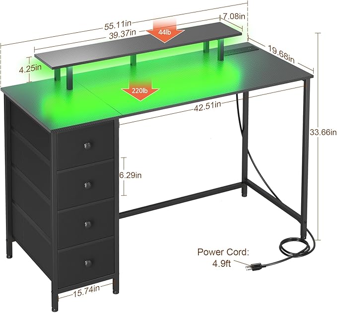 Computer Desk with LED Light & Power Outlets, 55 Inch Gaming Desk with 4 Fabric Drawers, Carbon Fiber Surface Home Office Desk with Monitor Stand with Hooks for Bedroom, HGD14CBK - LeafyLoom