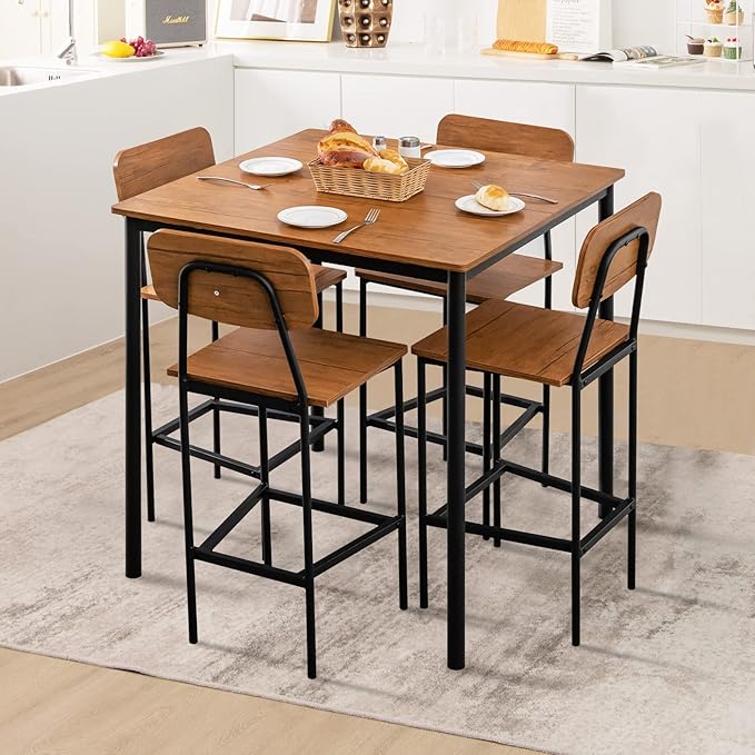 GOFLAME 5-Piece Dining Table Set for Small Space, Kitchen Table and Chairs Set for 4 with Steel Frame, Square Breakfast Table Set, Industrial Counter Height Table Set for Home, Restaurant & Cafe, Teak - LeafyLoom