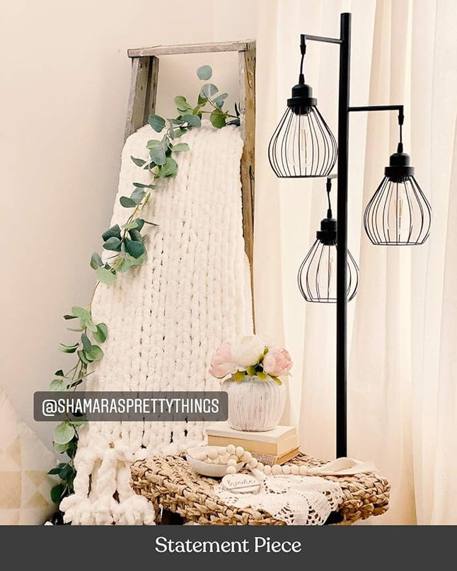 Brightech Teardrop LED Floor Lamp – Tree Standing Lamp with 3 Elegant Cage Heads & Edison Bulbs – Standing Lamp for Living Rooms & Offices – Tall Standing Lamp Ideal for Bedroom Reading – Black - LeafyLoom