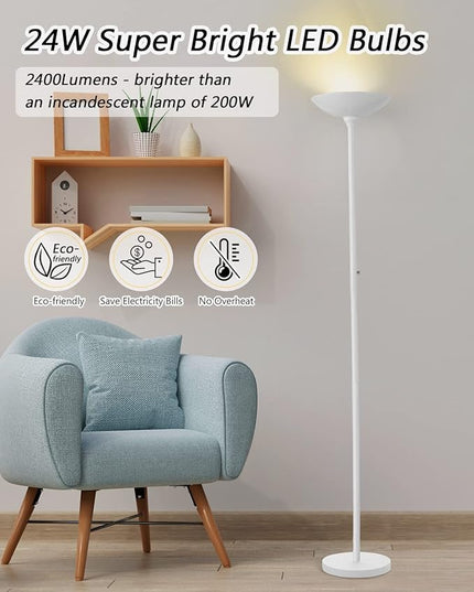 BoostArea Torchiere Floor Lamp, 24W Super Bright LED Standing Lamp, 3000K Stepless Dimmable Pole Lamp with Rotary Switch, 70 Inch Tall Metal Modern White Floor lamp for Living Room/Bedroom/Office/Den - LeafyLoom