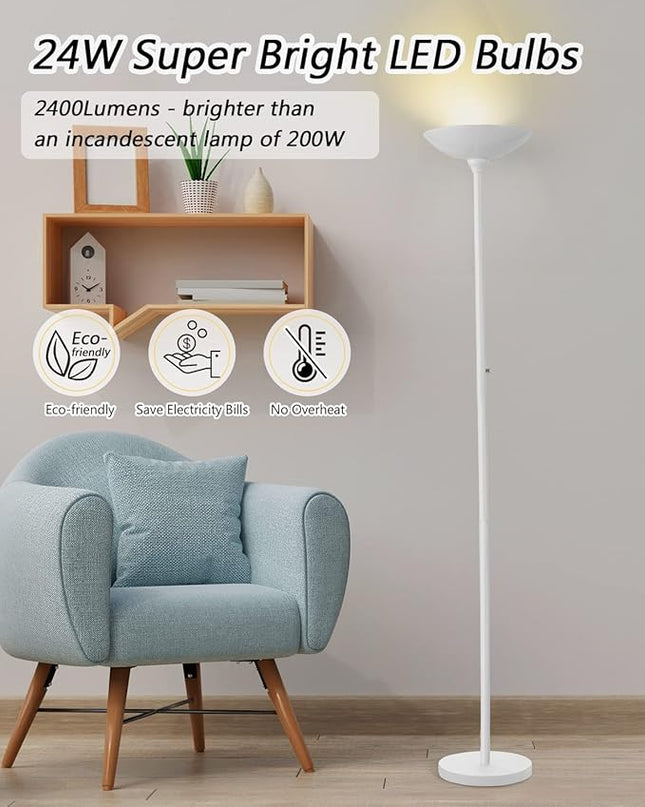 BoostArea Torchiere Floor Lamp, 24W Super Bright LED Standing Lamp, 3000K Stepless Dimmable Pole Lamp with Rotary Switch, 70 Inch Tall Metal Modern White Floor lamp for Living Room/Bedroom/Office/Den - LeafyLoom