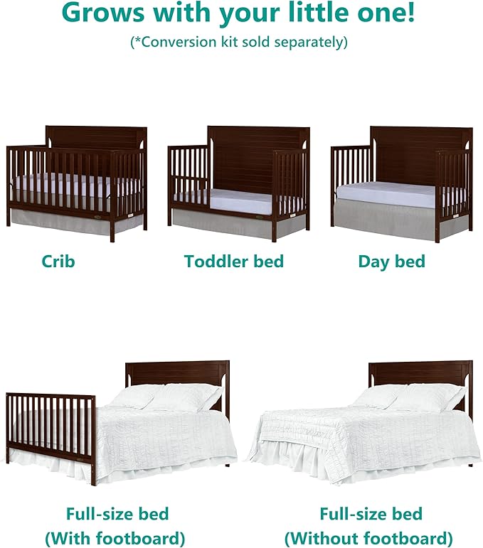 Cape Cod 5-in-1 Convertible Crib in Espresso, Greenguard Gold Certified, 55x30x44.5 Inch (Pack of 1) - LeafyLoom