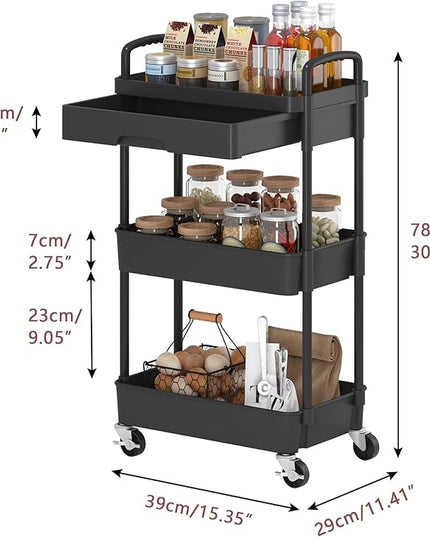 3-Tier Rolling Cart，Trolley with Drawer, Multifunctional Storage Organizer with Plastic Shelf & Metal Wheels, Kitchen Storage Cart for Living Room, Kitchen, Office, Bathroom, Black - LeafyLoom