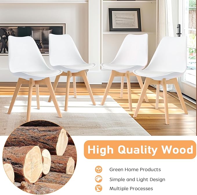 CangLong, White Modern Set, Shell Chair with Wood Legs for Kitchen, Dining, Living Room-Set of 4, Pack of 4 - LeafyLoom