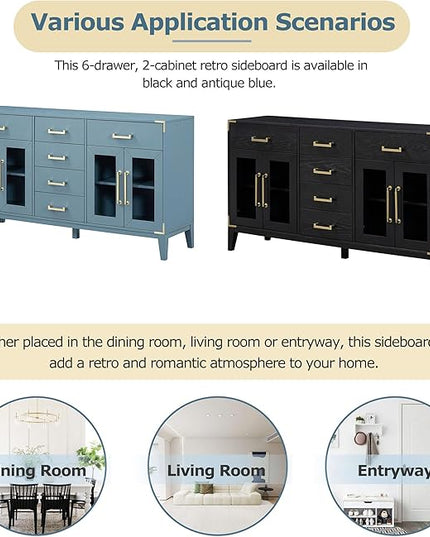 60" Retro Sideboard with 6-Drawer and 2-Cabinet,Multifunctional Buffet,w/Gold Handles & Solid Wood Legs,Extra Large Storage Space,for Kitchen and Living Room,Antique Blue - LeafyLoom