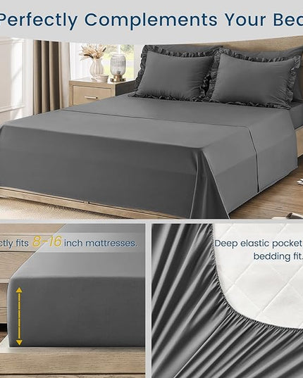 Twin Bed in a Bag 5 Pieces Comforter Set Twin, Ruffle Shabby Chic Bedding Comforter Set Dark Grey Bed Set with Comforter, Pillowcase, Flat Sheet, Fitted Sheet and Pillow Sham - LeafyLoom