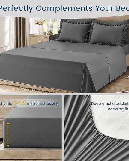 Queen Bed in a Bag 7 Pieces Comforter Set Queen, Ruffle Shabby Chic Bedding Comforter Set Dark Grey Bed Set with Comforter, Pillowcases, Flat Sheet, Fitted Sheet and Pillow Shams - LeafyLoom