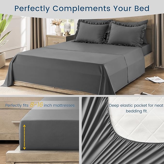 Full Bed in a Bag 7 Pieces Full Size Comforter Set, Ruffle Shabby Chic Bedding Comforter Set Dark Grey Bed Set with Comforter, Pillowcases, Flat Sheet, Fitted Sheet and Pillow Shams - LeafyLoom