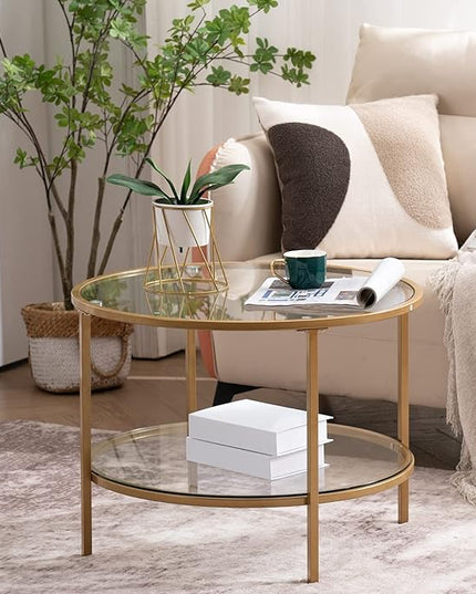 VINGLI 25.6" Round Gold Coffee Tables for Living Room, 2-Tier Glass Top Coffee Table with Storage Clear Coffee , Simple & Modern Center Table for Small Space - LeafyLoom