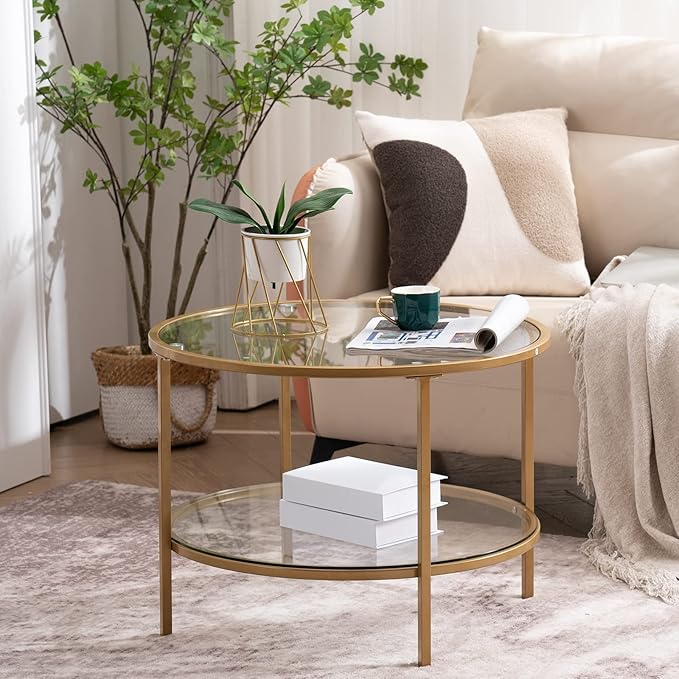 VINGLI 25.6" Round Gold Coffee Tables for Living Room, 2-Tier Glass Top Coffee Table with Storage Clear Coffee , Simple & Modern Center Table for Small Space - LeafyLoom
