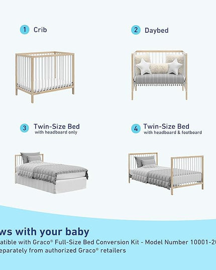Graco Teddi 4-in-1 Convertible Mini Crib with Bonus Water-Resistant Mattress (Natural with White) – GREENGUARD Gold Certified, 2.75-Inch Mattress Included, Convenient Size, Easy 30-Minute Assembly - LeafyLoom