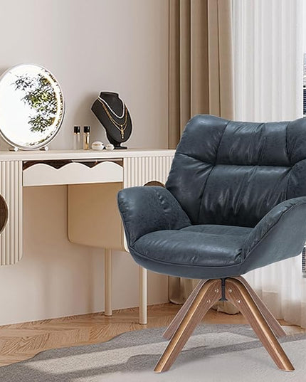 Faux Leather Accent Chair, Modern Cozy Vanity Chair with Wood Legs, Upholstered Single PU Leather Boucle Armchair for Living Room Bedroom Office Guest Room (Black) - LeafyLoom