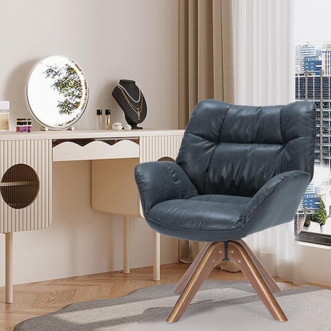 Faux Leather Accent Chair, Modern Cozy Vanity Chair with Wood Legs, Upholstered Single PU Leather Boucle Armchair for Living Room Bedroom Office Guest Room (Black) - LeafyLoom