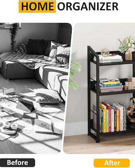 3 Tier Bookshelf: Small Modern Industrial Bookshelves for Bedroom, Short Bookcase Book Shelf for Small Spaces (Black) - LeafyLoom