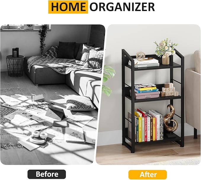 3 Tier Bookshelf: Small Modern Industrial Bookshelves for Bedroom, Short Bookcase Book Shelf for Small Spaces (Black) - LeafyLoom
