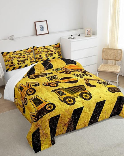 Boys Excavator Bedding Set Queen Size Kids Construction Vehicles Comforter For Kids Children Cartoon Machinery Truck Comforter Set Construction Site Cars Tractor Duvet Set 3Pcs With 2 Pillow Cases - LeafyLoom