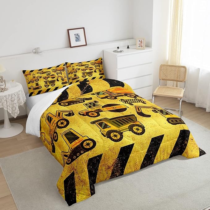 Tractor Bedding Set Full Size, Equipment Truck Comforter Set, Construction Excavator Down Comforter, Yellow Vehicle Super Soft Quilt Set For Kids Boys Teens, Construction Site Car Comforter Decor - LeafyLoom
