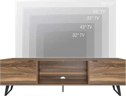 Atelier Mobili Mid Century Modern TV Stand Farmhouse TV Stand Entertainment Center for Living Room | Walnut TV Stand with Glass Shelf | Fits 80 Inch TV | Soft Closing Hinges | Storage for Bedroom - LeafyLoom