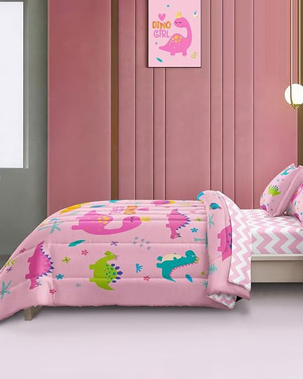 Girls Dinosaur Bedding Twin Green Pink Dinosaur Comforter Set, Cute Cartoon Down Comforter for Little Girls Teens Kids Adults Room Decor, Reversible Bed-in-a-Bag 5-Piece Bed Sets - LeafyLoom