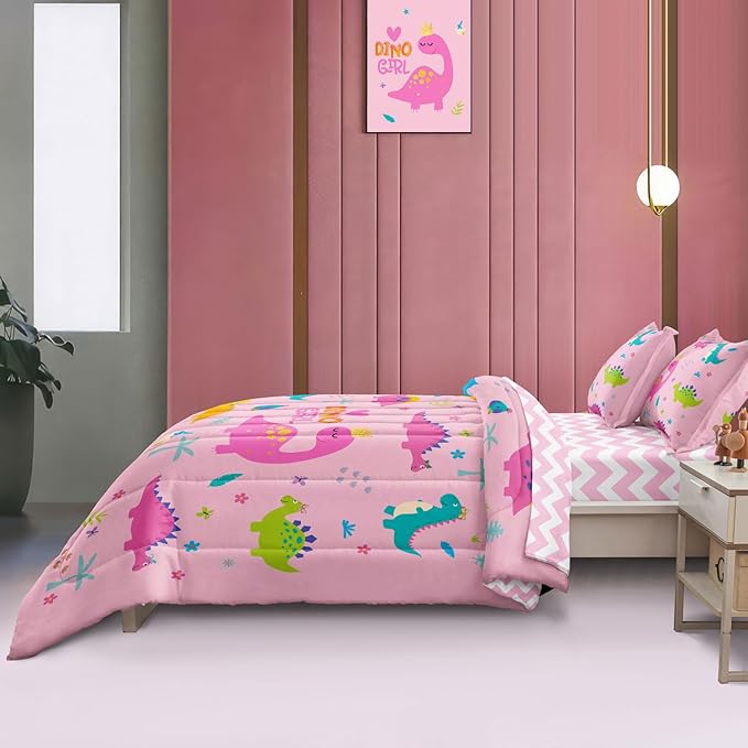 Girls Dinosaur Bedding Full Green Pink Dinosaur Comforter Set, Cute Cartoon Down Comforter for Little Girls Teens Kids Adults Room Decor, Reversible Bed-in-a-Bag 5-Piece Bed Sets - LeafyLoom