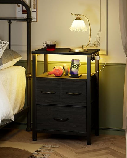 Furnulem Black Nightstand with Wood Shelf, Bedside Table with Led Light and Charging Station, 25.8 Inch End Table with 3 Fabric Storage Drawers, Small Side Table Night Stand for Bedroom Furniture - LeafyLoom
