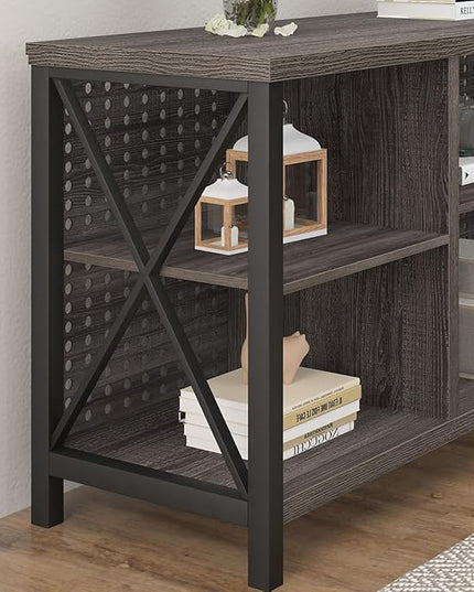 LVB Gray TV Stand for 75 Inch TV, Long Rustic Wood Entertainment Center, Large Farmhouse Media tv console with Storage, Metal Industrial television stands Cabinet for Bedroom, Dark Gray Oak, 63 Inch - LeafyLoom