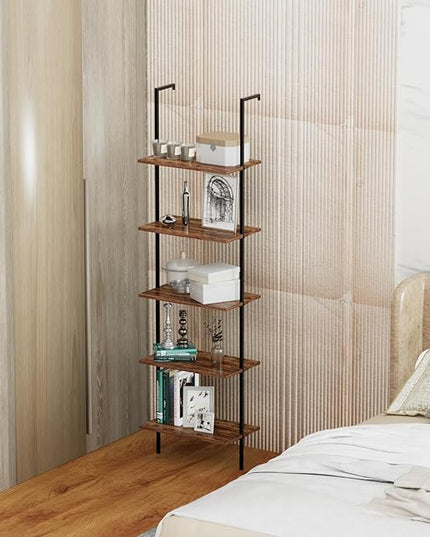 aboxoo Ladder Shelf 5 Tiers Metal Industrial Bookshelf, Rustic Brown Wood Tall Open Storage Rack and Display Shelves Plant Stand,Wall Mount Wide Book Case for Home Office Bedroom,Small - LeafyLoom