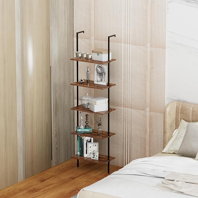 aboxoo Ladder Shelf 5 Tiers Metal Industrial Bookshelf, Rustic Brown Wood Tall Open Storage Rack and Display Shelves Plant Stand,Wall Mount Wide Book Case for Home Office Bedroom,Small - LeafyLoom