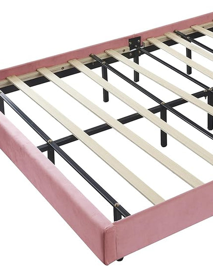 Queen Upholstered Smart LED Bed Frame with Elegant Flowers Headboard, Floating Velvet Platform LED Bed with Wooden Slats Support, No Box Spring Needed, Easy Assembly, Pink - LeafyLoom