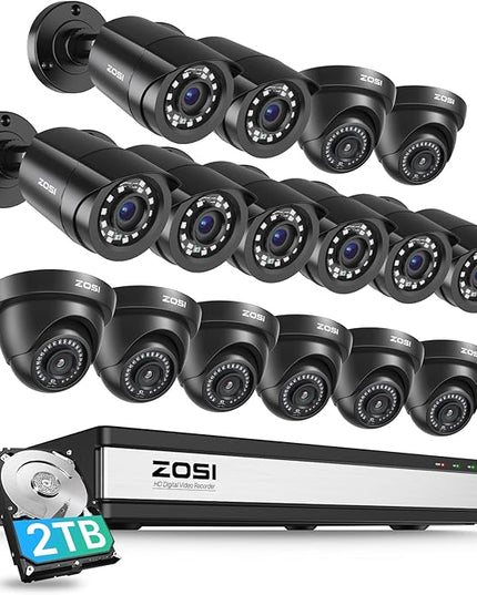 ZOSI 3K Lite 16CH Security Camera System with AI Human Vehicle Detection, Night Vision, 16 x 1080p Outdoor Indoor CCTV Wired Cameras, 16 Channel H.265+ Surveillance DVR with 2TB HDD for 24/7 Recording ZOSI