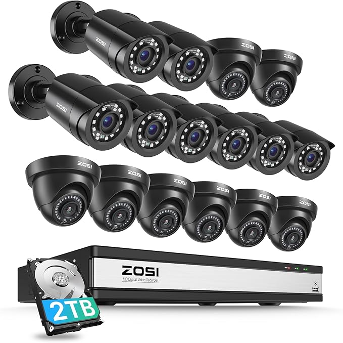 ZOSI 3K Lite 16CH Security Camera System with AI Human Vehicle Detection, Night Vision, 16 x 1080p Outdoor Indoor CCTV Wired Cameras, 16 Channel H.265+ Surveillance DVR with 2TB HDD for 24/7 Recording ZOSI
