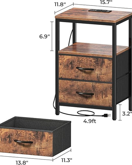 Nightstands Set of 2, End Tables with Charging Station, Side Tables with Fabric Drawers, Bedside Tables with USB Ports and Outlets, Night Stands for Bedroom, Rustic Brown - LeafyLoom
