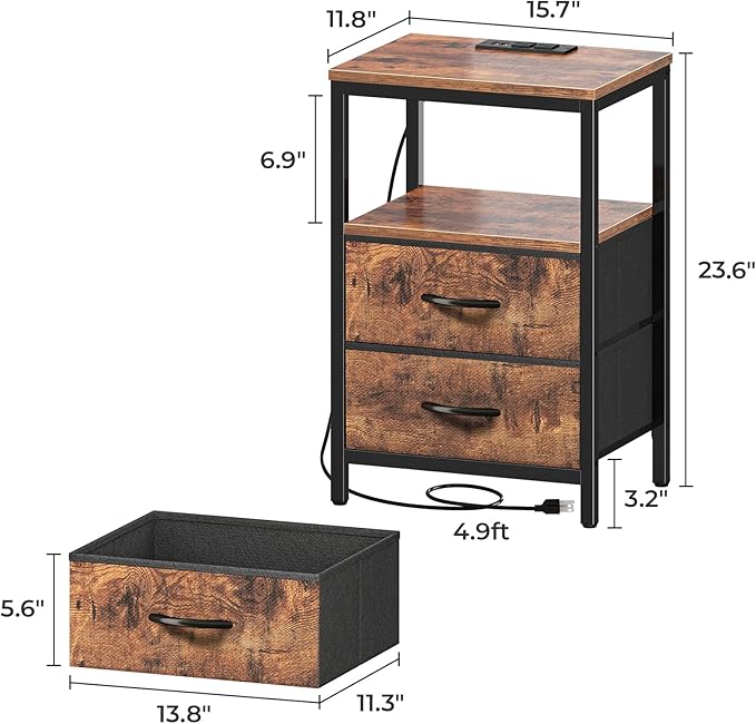 Nightstands Set of 2, End Tables with Charging Station, Side Tables with Fabric Drawers, Bedside Tables with USB Ports and Outlets, Night Stands for Bedroom, Rustic Brown - LeafyLoom