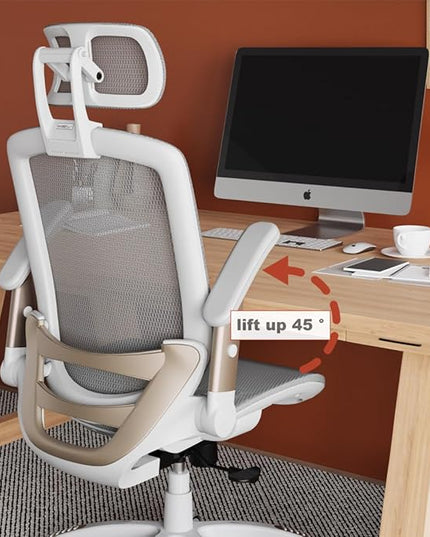 GABRYLLY Ergonomic Office Chair, High Back Home Desk Chair with Headrest, Flip-Up Arms, 90-120° Tilt Lock and Wide Cushion, Big and Tall Mesh Chairs for Man Woman, White Task Chair - LeafyLoom
