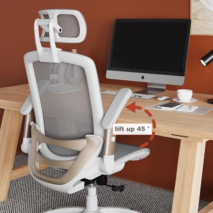 GABRYLLY Ergonomic Office Chair, High Back Home Desk Chair with Headrest, Flip-Up Arms, 90-120° Tilt Lock and Wide Cushion, Big and Tall Mesh Chairs for Man Woman, White Task Chair - LeafyLoom