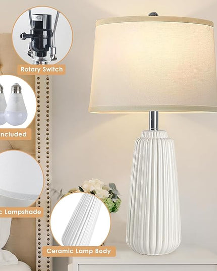 Ceramic Table Lamps Set of 2, 25Inch Modern White Table Lamps for Bedroom Living Room with 3 Color Temperature - 3000K/4000K/6000K, Coastal Lamps for Nightstand Bedside with 2 LED Bulbs, 9W - LeafyLoom