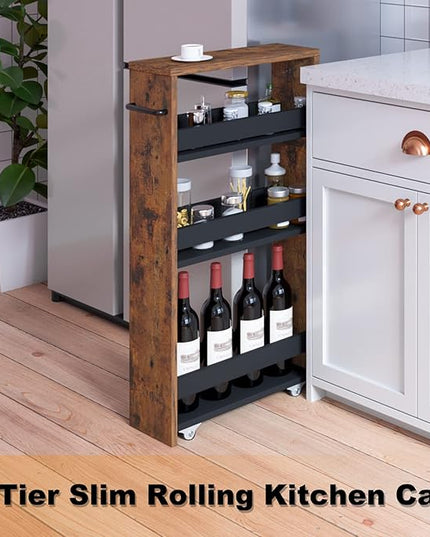 MARTY Slim Rolling Cart 4-Tier Utility Carts with Wheels Handle, Kitchen Storage Cart Slide Out Mobile Shelving Unit Organizer for Bathroom Laundry Room Organization Narrow Places (Rustic Brown) - LeafyLoom