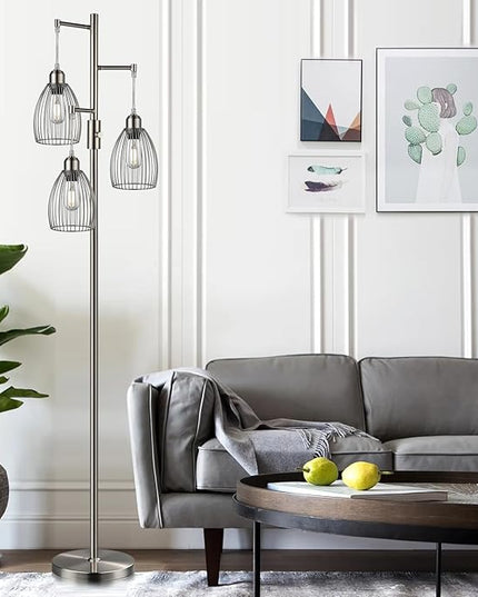 Dimmable Floor Lamp, Metal, 3 x 800LM LED Edison Bulbs Included, Industrial Floor Lamp Standing Tree Lamp with Elegant Teardrop Cage Heads Tall Lamps for Living Room Bedroom-Brushed Nickel - LeafyLoom