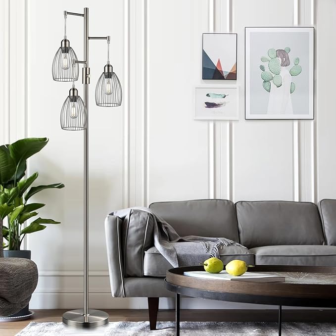 Dimmable Floor Lamp, Metal, 3 x 800LM LED Edison Bulbs Included, Industrial Floor Lamp Standing Tree Lamp with Elegant Teardrop Cage Heads Tall Lamps for Living Room Bedroom-Brushed Nickel - LeafyLoom