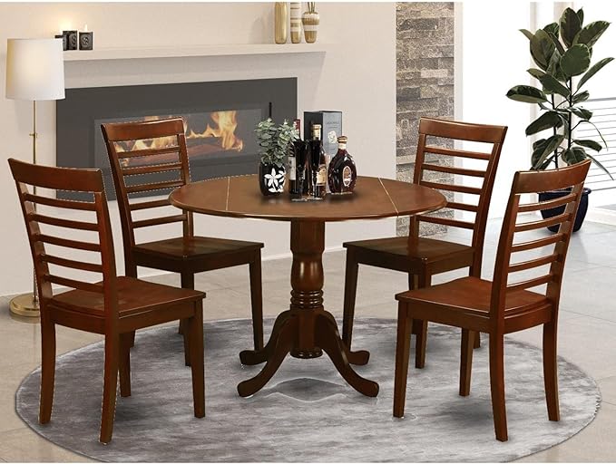 East West Furniture DLML5-MAH-W 5 Piece Modern Set Includes a Round Wooden Table with Dropleaf and 4 Kitchen Dining Chairs, 42x42 Inch - LeafyLoom