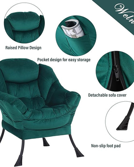 Welnow Lazy Chair with Ottoman, Modern Lounge Accent Chair with Armrests and a Side Pocket, Leisure Sofa Chair, Reading Chair with Footrest for Small Space, Corner Chair, Dark Green - LeafyLoom