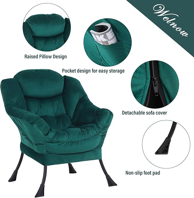 Welnow Lazy Chair with Ottoman, Modern Lounge Accent Chair with Armrests and a Side Pocket, Leisure Sofa Chair, Reading Chair with Footrest for Small Space, Corner Chair, Dark Green - LeafyLoom