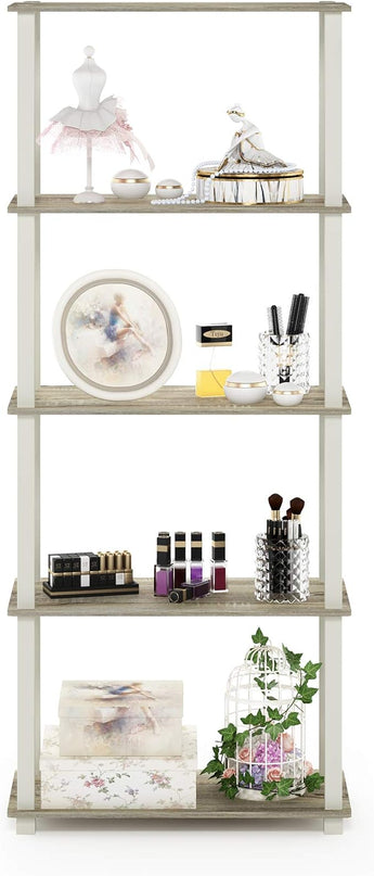Furinno Turn-N-Tube 5-Tier Multipurpose Shelf / Display Rack / Storage Shelf / Bookshelf, Square Tubes, Sonoma Oak/White - LeafyLoom